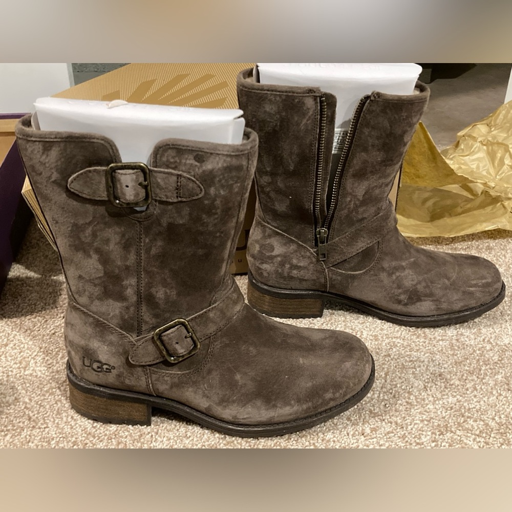 Ugg Chaney moto buckle zipper boots US 8 suede leather water-resistant espresso